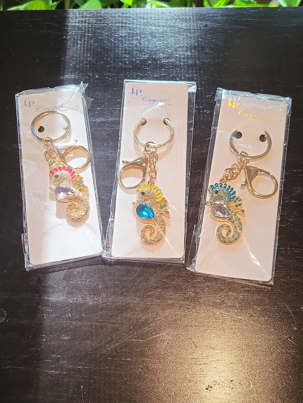 3 Pcs.Crystal Seahorse Keychain - Gold with Multicolor Accents